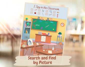 Back to School I Spy Search and Find by Picture, Classroom Theme Kids Activity, Preschool Montessori Learning, On the Go Game, Fun Worksheet