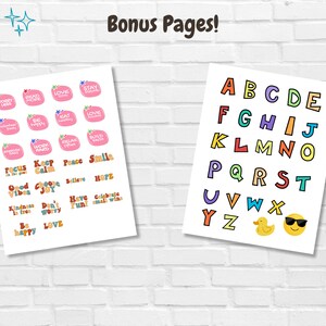 K&ouml;nnte beinhalten: Zwei druckbare Seiten mit bunten Aufklebern. Die erste Seite hat 20 Aufkleber mit positiven Affirmationen und die zweite Seite hat das Alphabet mit einer gelben Gummiente und einem Smiley mit Sonnenbrille.
