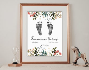 Newborn Birth Stats Footprint, Custom Baby Footprint Art, Floral Nursery Wall Art, Editable Newborn Keepsake, DIY Cute Baby Keepsake Craft