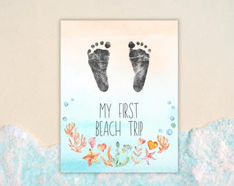 DIY zomervoetafdrukkunst, baby eerste strandreis, kindervoetafdruk aandenken, afdrukbare zomerbabyknutsel, babymijlpalen, stranddagactiviteit