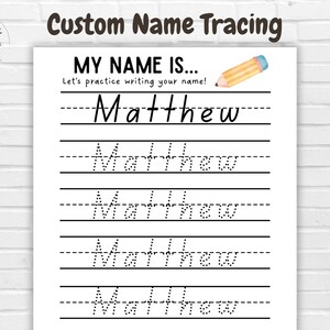 Puede incluir: Hoja de trabajo imprimible para practicar la escritura. La hoja de trabajo tiene el nombre "Matthew" escrito en la parte superior y cinco líneas con letras punteadas para trazar el nombre.