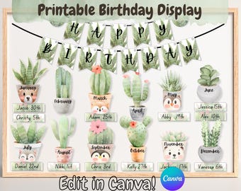 Editable Boho Cactus Classroom Birthday Board, Calm Classroom Birthday Display, Succulents Birthday Board Kit, Desert Plants Birthday Board