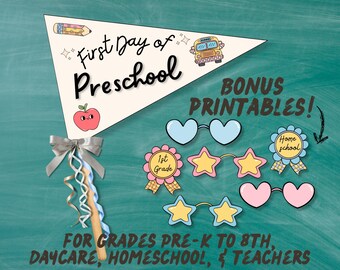 First Day of School Flags, Back to School Printable Flag, Preschool Daycare K-8 Homeschool Pennant Flag, DIY School Grade Flags Retro Bundle