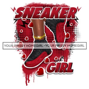 May include: Red and black sneakers with a red heart design and the text "Sneaker Girl" on a red and white background.