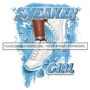 May include: Illustration featuring the words "SNEAKER GIRL" in a stylized font, with a light blue and white color scheme. The image includes a leg wearing a silver anklet and a pair of white and light blue sneakers. The background has blue hearts and a splatter effect.