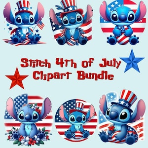 Pacchetto Clipart di Stitch per il 4 luglio | 38 file PNG | Sublimazione patriottica del giorno dell'indipendenza degli Stati Uniti | Carini cartoni animati PNG | Download digitale