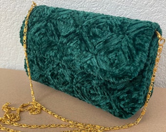Handmade Green Velvet Clutch with Gold Chain