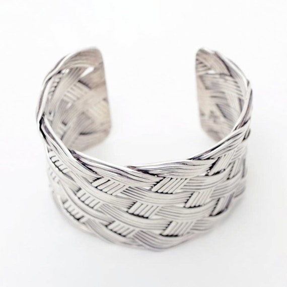 Braided Silver Cuff Bracelet - Adjustable, Artist… - image 2