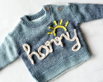 Hand Embroidered Personalised Baby and Kids Name Blue Ombré sweater, Custom Name Jumper for Toddler, Chunky Knitted Cotton Pullover Gift