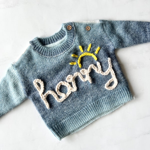 Hand Embroidered Personalised Baby and Kids Name Blue Ombré sweater, Custom Name Jumper for Toddler, Chunky Knitted Cotton Pullover Gift