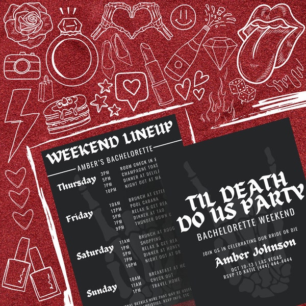 Til Death Themed Bachelorette Invitation and Itinerary Digital Download Template | Customizable, Printable, and Edgy