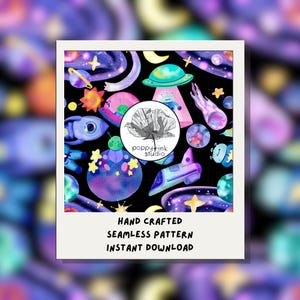May include: A watercolor illustration of a seamless space-themed pattern featuring planets, rockets, UFOs, and stars in shades of purple, blue, and green against a black background. The image includes the text "HAND CRAFTED SEAMLESS PATTERN INSTANT DOWNLOAD".