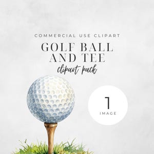 May include: Watercolor illustration of a golf ball on a wooden tee, set against a backdrop of green grass. The image includes the text "GOLF BALL AND TEE clipart pack" and "1 IMAGE".