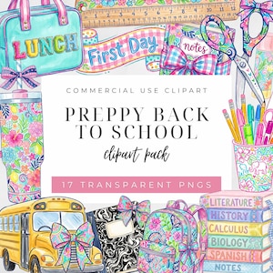 May include: A digital collection of school-themed illustrations featuring a lunch bag, a ruler, a notebook, scissors, a tumbler, a yellow school bus, a backpack, and a stack of textbooks, all decorated with colorful floral and plaid patterns.
