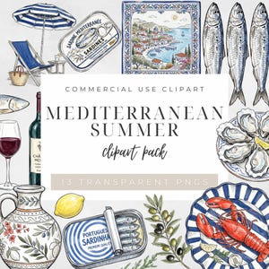 May include: A collection of Mediterranean-themed clipart illustrations. Includes sardines, oysters, a lobster, a bottle of wine, a beach scene, and the text "MEDITERRANEAN SUMMER clipart pack". The images are in a watercolor style.