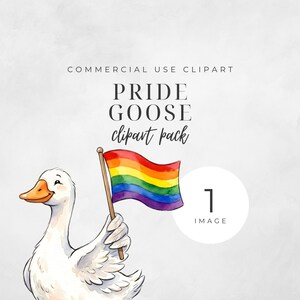 Pode incluir: Uma ilustração digital de um ganso branco com bico laranja segurando um mastro de madeira com uma bandeira com as cores do arco-íris. O texto diz COMMERCIAL USE CLIPART PRIDE GOOSE clipart pack 1 IMAGE. O ganso tem uma expressão amigável.