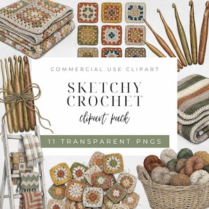 Puede incluir: Un paquete de imágenes prediseñadas digitales titulado "Sketchy Crochet" con varios elementos de ganchillo. La imagen incluye ganchos de ganchillo, cuadrados de la abuela, ovillos de lana y artículos de ganchillo terminados en tonos neutros. También se ve el texto "Commercial Use Clipart" y "11 Transparent PNGs".
