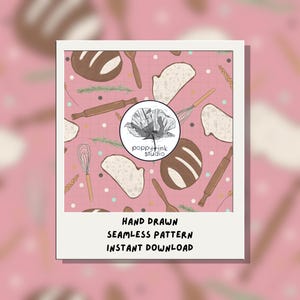 Könnte beinhalten: Handgezeichnetes nahtloses Muster mit Brot, Nudelrollen, Schneebesen und anderen Backutensilien auf rosa Hintergrund. Das Design enthält den Text "HAND DRAWN SEAMLESS PATTERN INSTANT DOWNLOAD" in einem weißen Rahmen.