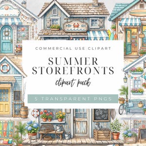 Pode incluir: Uma coleção digital de fachadas de lojas de verão com cinco ilustrações em estilo aquarela de lojas costeiras com detalhes em azul e branco, placas de caranguejo, pranchas de surf, flores em vasos e caixas de madeira, com o texto Summer Storefronts.