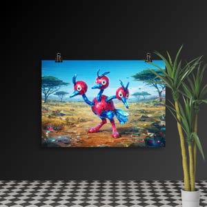 Puede incluir: Un póster que presenta una criatura aviar de tres cabezas con acentos rojos, azules y blancos. La obra de arte está ambientada en un paisaje de sabana con árboles y un primer plano colorido y pixelado. El póster está sujeto con dos clips negros.