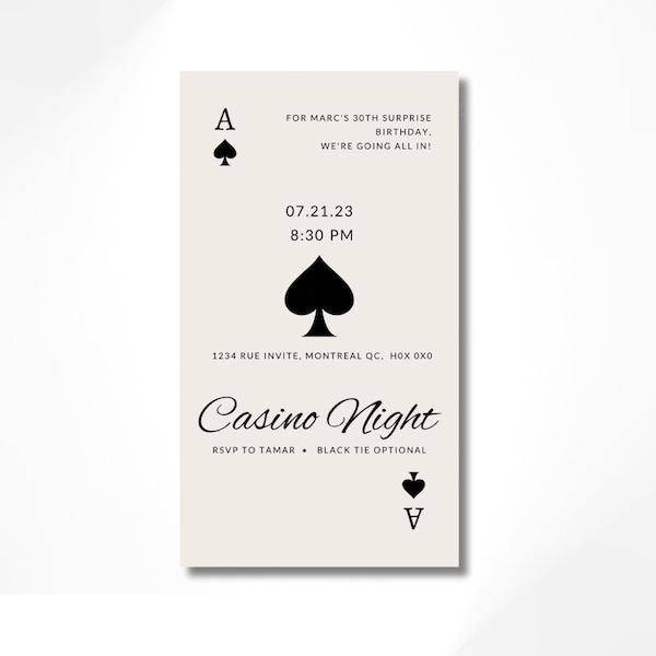 Electronic Classy Casino Birthday Invitation, Poker Party Invite, Digital Casino Evite, Casino Night, Ace Playing Card Invite, Playing Card