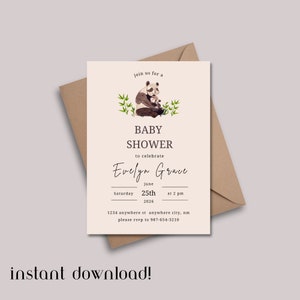 Pandabeer - uitnodiging babyshower - bewerkbaar bestand - 5 x 7 - afdrukbaar