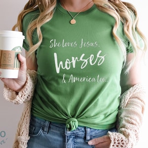 Western Patriotic Horse Shirt for Cowgirl, Barrel Racer, or Horse Trainer, Cute Horse Show Gear, She Loves Jesus, Horses & America
