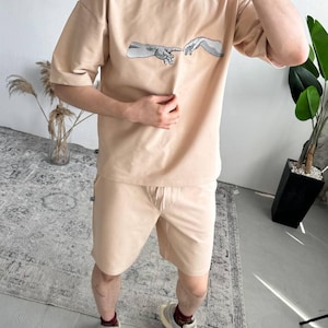 Men’s Summer Matching Set – Oversized T-Shirt & Shorts with “Creation Hands” Print | Casual Streetwear Outfit