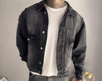 Men’s Denim Jacket | Vintage Streetwear Jean Jacket | Distressed / Painted Style