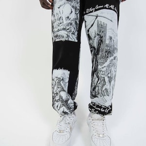 Men’s Art Print Graphic Pants – Vintage Sketch Joggers | Streetwear Statement Trousers | Unique Gothic Style