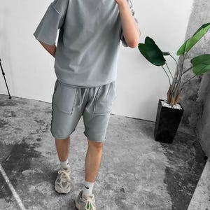 Men’s Washed Streetwear Set, Oversized T-Shirt & Cargo Shorts, Urban Summer Two Piece Outfit, Distressed Stitch Look, Gift for Hi