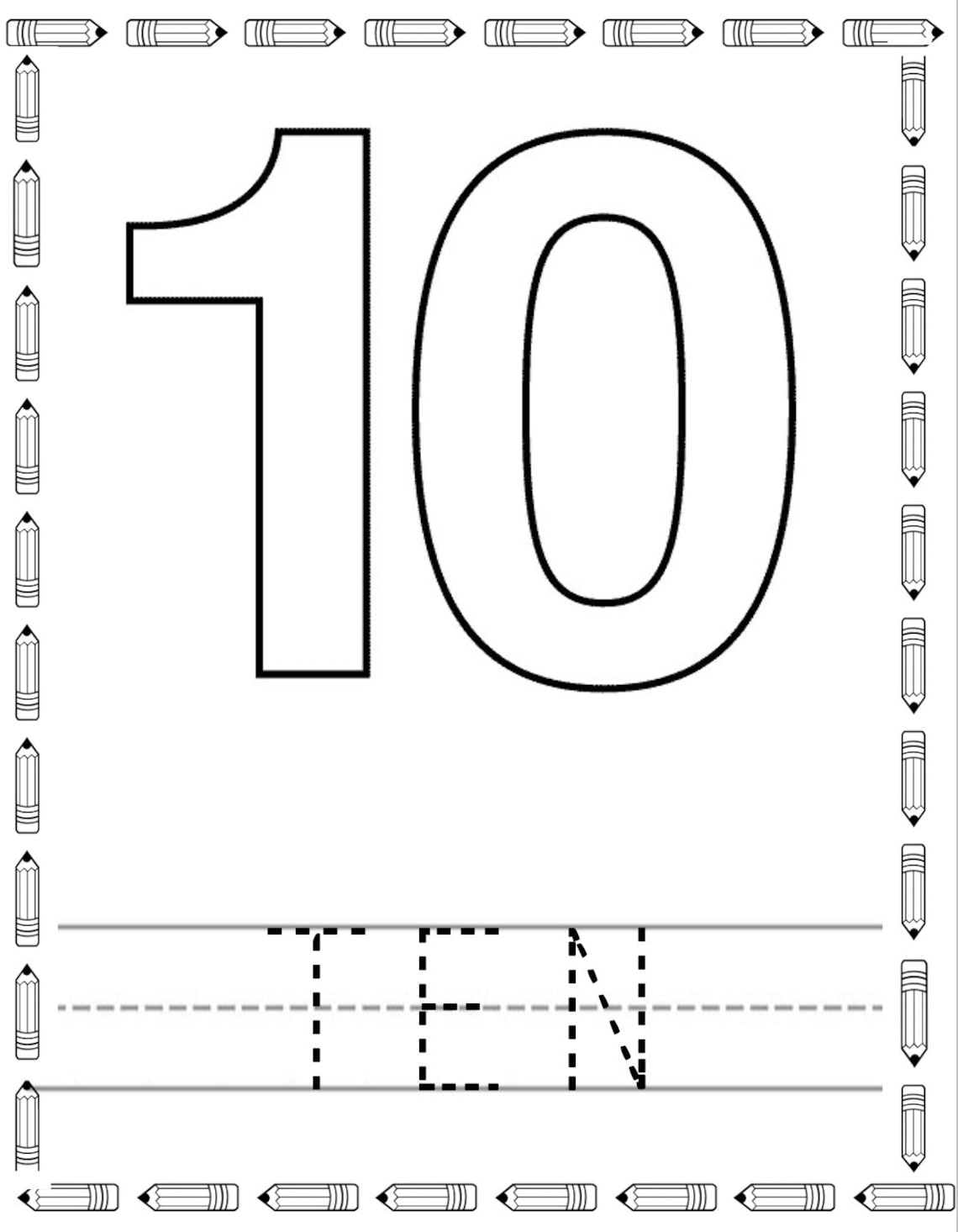 Number 10 Recognition and Tracing Worksheet Pencil - Etsy