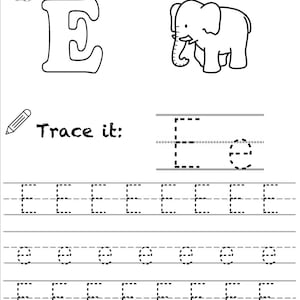 Puede incluir: Hoja de trabajo imprimible en blanco y negro para que los niños practiquen el trazado y el coloreado de la letra E. La hoja de trabajo incluye una imagen de un elefante y la letra E en diferentes tamaños y estilos.