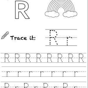 以下が含まれることがあります： Rの文字が書かれた白黒のワークシート。文字は大文字と小文字で表示されています。ワークシートには、なぞり書きと塗り絵の活動が含まれています。Rの文字は虹の隣に表示されています。