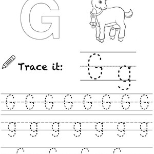 May include: Black and white worksheet for learning the letter G. The worksheet includes a picture of a goat, a large capital G to color, and several dotted lines for tracing the letter G.