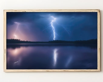 Stormy Night Lightning Lake Landscape Print (Digital Download)