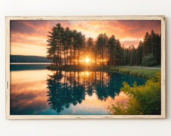 Sunset Reflective Crystal Lake, Scenic Landscape, Lakeshore Decor, Serene Sunrise, Nature Printable Wall Art, Instant Digital Download