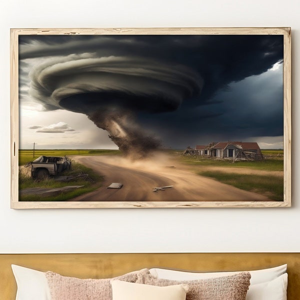 Fierce Tornado Destruction - Farmhouse Country Chaos - Instant Digital Download Landscape - Dark Sky - Weather Wall Decor - Storm Print