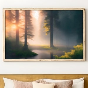 May include: A framed landscape art print depicting a misty forest scene with sunlight filtering through the trees. The bedroom features a bed with neutral-toned bedding, decorative pillows, and wooden bedside tables. A woven mirror and pendant lights add to the decor.