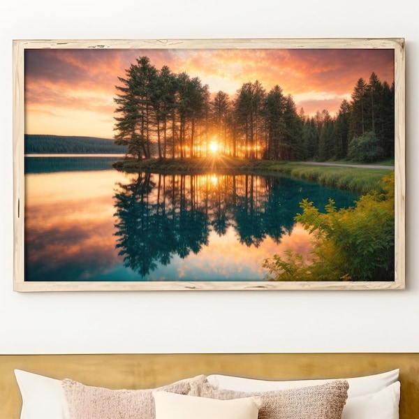 Sonnenuntergang reflektierende Kristall See, Malerische Landschaft, Seeufer Dekor, Serene Sunrise, Natur druckbare Wandkunst, sofortiger digitaler Download