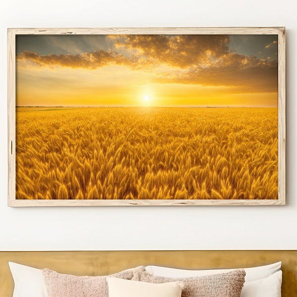 Prairie Wheat Field with Golden Sunset Wall Art - Digital Download - Photorealistic Landscape Photography - Instant Download Print