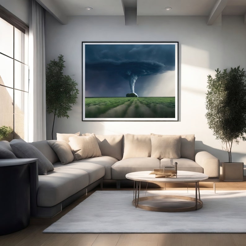 May include: A living room interior with a large framed photograph of a tornado over a field. The photograph is hanging on a white wall above a light gray sectional sofa with beige throw pillows. A round coffee table with a white marble top sits in front of the sofa. Two potted plants are in the room, one on each side of the sofa.