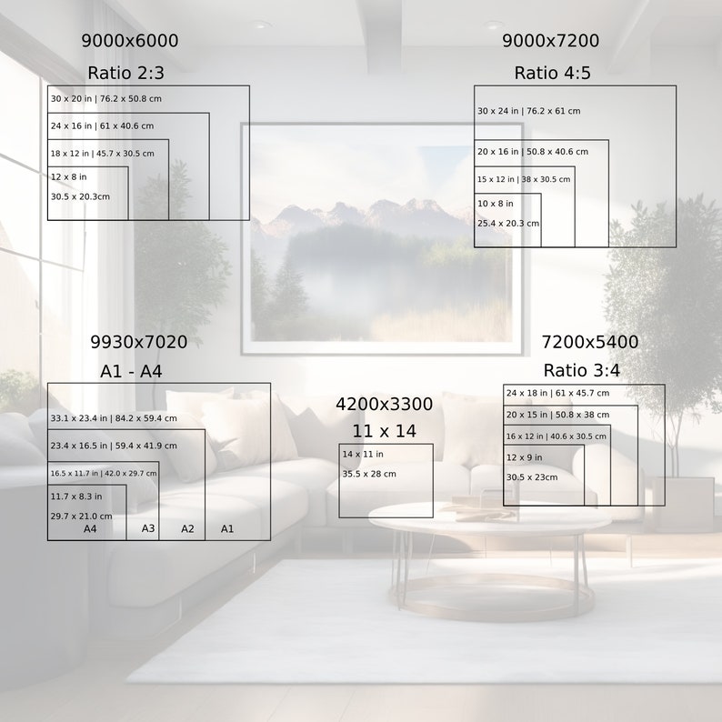 May include: A diagram showing different print sizes for various aspect ratios. The sizes are listed in inches and centimeters. The diagram is labeled with the dimensions of each size, such as 9000x6000, 9930x7020, 7200x5400, and 4200x3300.