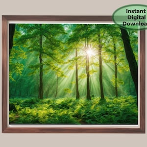 Serene Forest Print: Sunlight Through Green Trees (Digital Download)