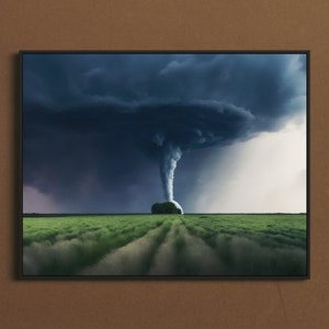 May include: A dark, swirling funnel cloud descends from a stormy sky over a field of green grass.