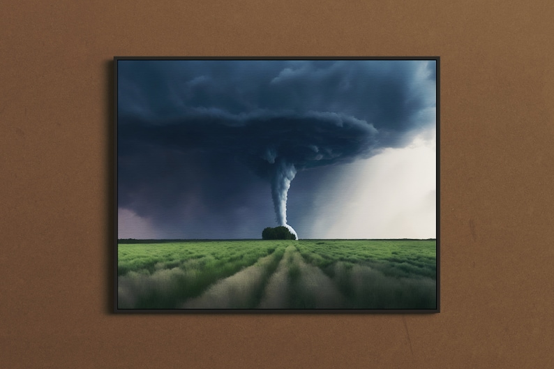 May include: A dark, swirling funnel cloud descends from a stormy sky over a field of green grass.