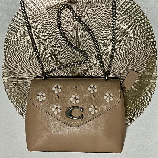 Bolso de hombro Coach Tammie en cuero guijarro con punto floral Whipstitch Taupe/Plata EC