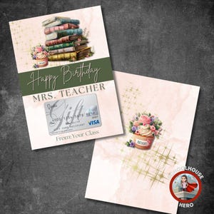 Druckbare Geburtstagskarte für Lehrer Erzieher - Geschenkkartenhalter - Bücher & Cupcake Thema - Bearbeitbare Canva Vorlage - Sofort Download