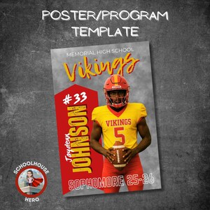 Może przedstawiać: Szablon plakatu z zawodnikiem futbolu amerykańskiego w żółtej koszulce z napisem "Vikings" i numerem 5. Plakat zawiera tekst "Memorial High School", "#33 Johnson" i "Sophomore 25-26". Zawodnik trzyma piłkę.