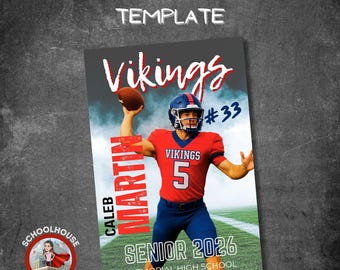 Bewerkbare senior voetbalposter: canvassjabloon voor atleetteamprogramma of in de spotlights van sporters